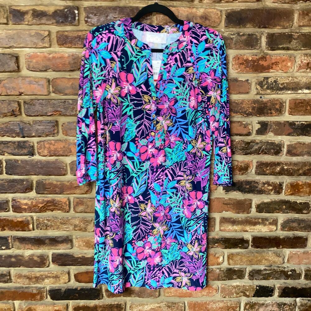 NWT Pappagallo Tropical Floral Quarter Button Stretch Jersey Dress Women's XS